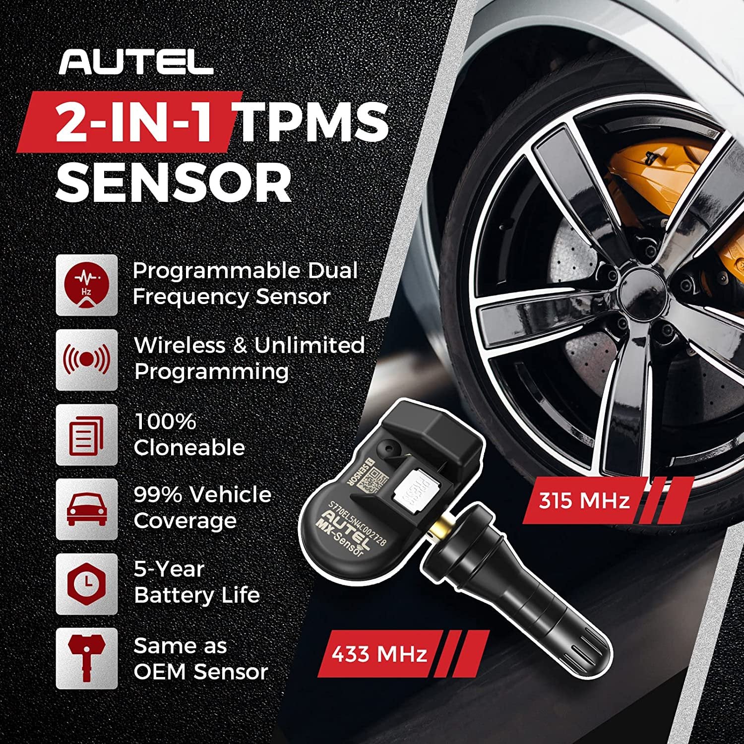 Autel TPS218 MX-Sensor 315 & 433MHz 2 in 1 Universal Tire Pressure Sensor Reader, Monitoring System Sensor for 99% Main Vehicles SAE Standard J1205/J1206/J2657