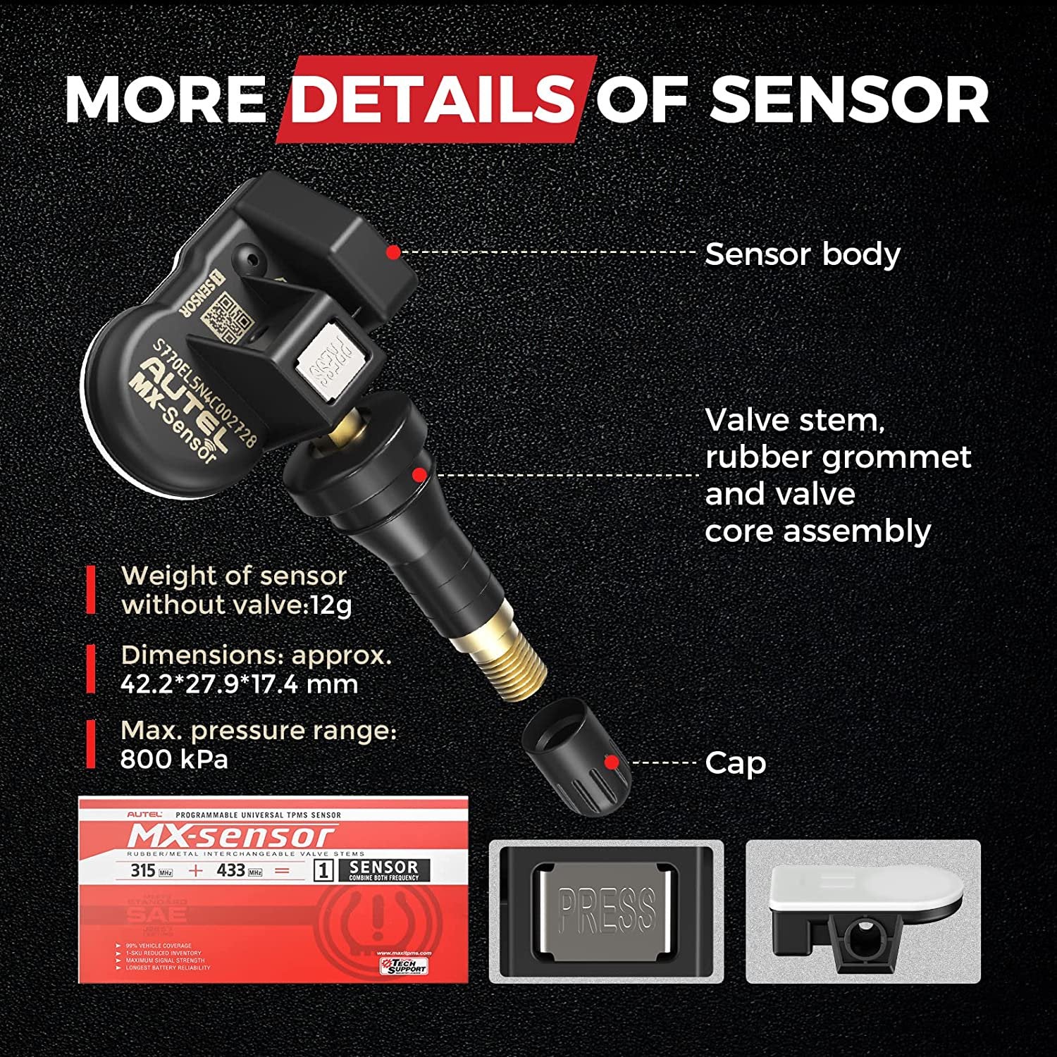 Autel TPS218 MX-Sensor 315 & 433MHz 2 in 1 Universal Tire Pressure Sensor Reader, Monitoring System Sensor for 99% Main Vehicles SAE Standard J1205/J1206/J2657