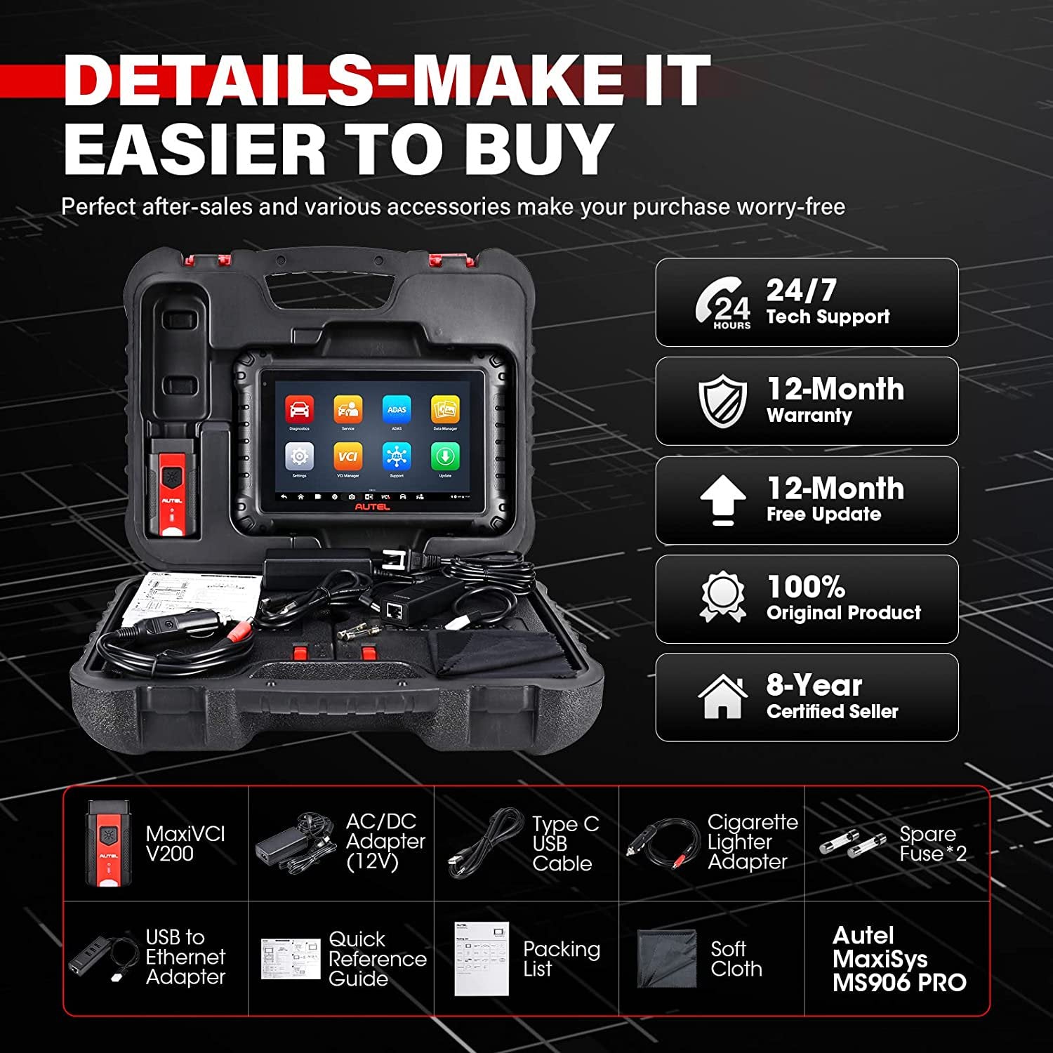 Autel Scanner MaxiSYS MS906 Pro Car Diagnostic Scan Tool Bi-Directional, All-System Diagnosis ECU Coding, 36+ Service, OE-Level Diagnostic System, CAN FD/ DoIP, with MV108