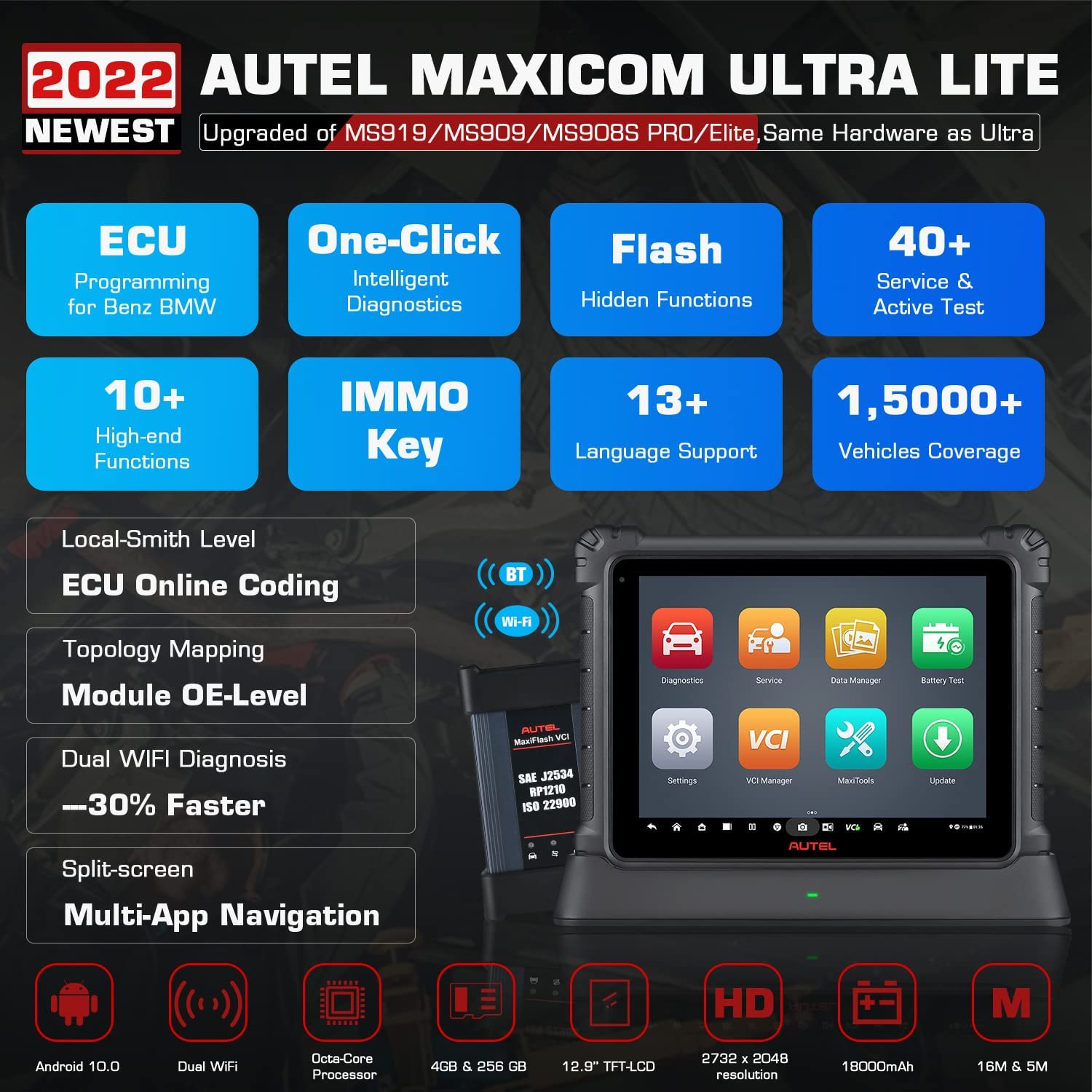 Autel MaxiCOM Ultra Lite ECU Programming & Coding Dignostic Tool, No IP Restriction, Intelligent Diagnostics Scanner & Topology Map, Upgrade of MaxiSys Ultra/ MS919/ MS909