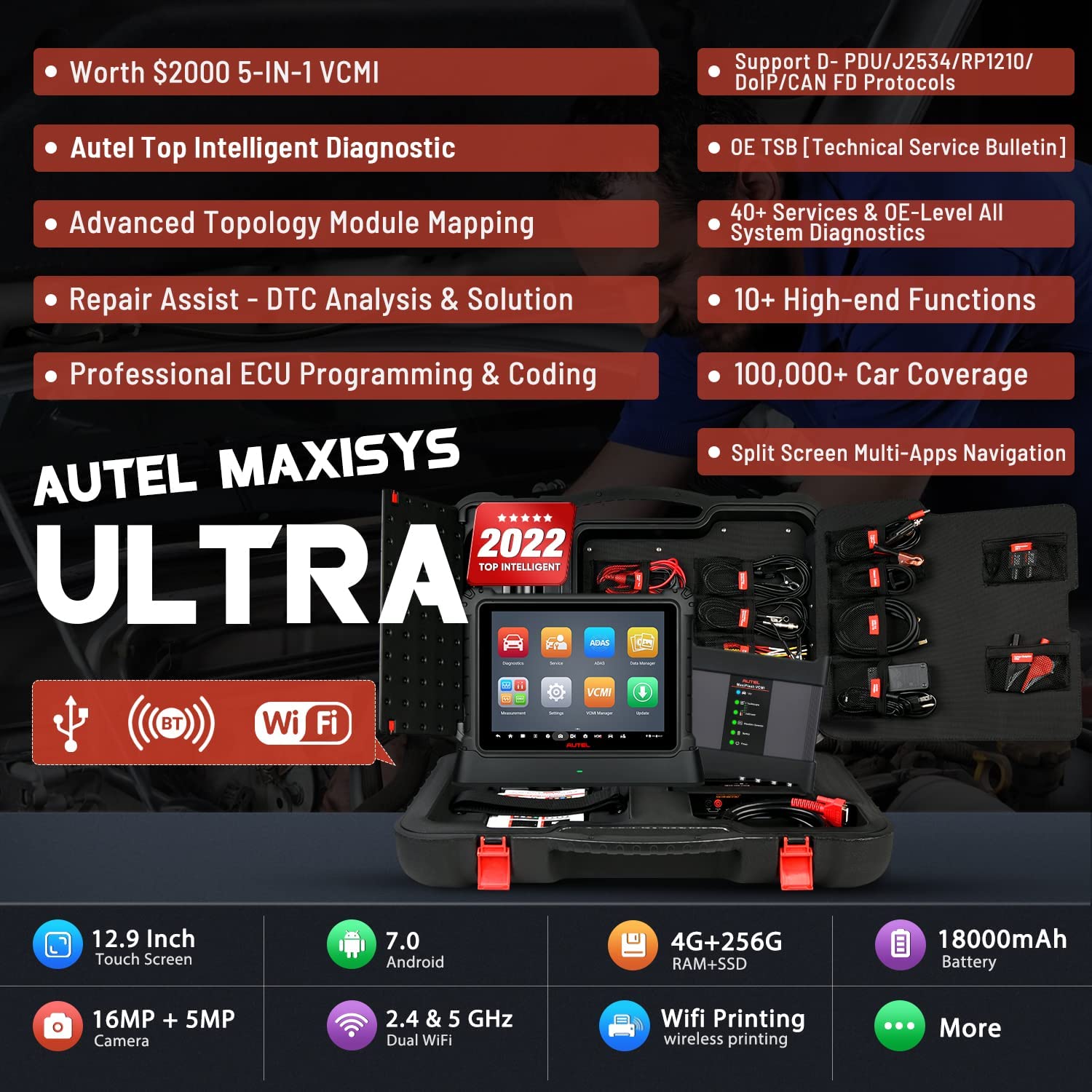 Autel Scanner MaxiSys Ultra Dignostic Tools, J-2534 ECU Programming & Coding, Topology Map, Multi-Screen Display, 5-in-1 VCMI, 40+ Services